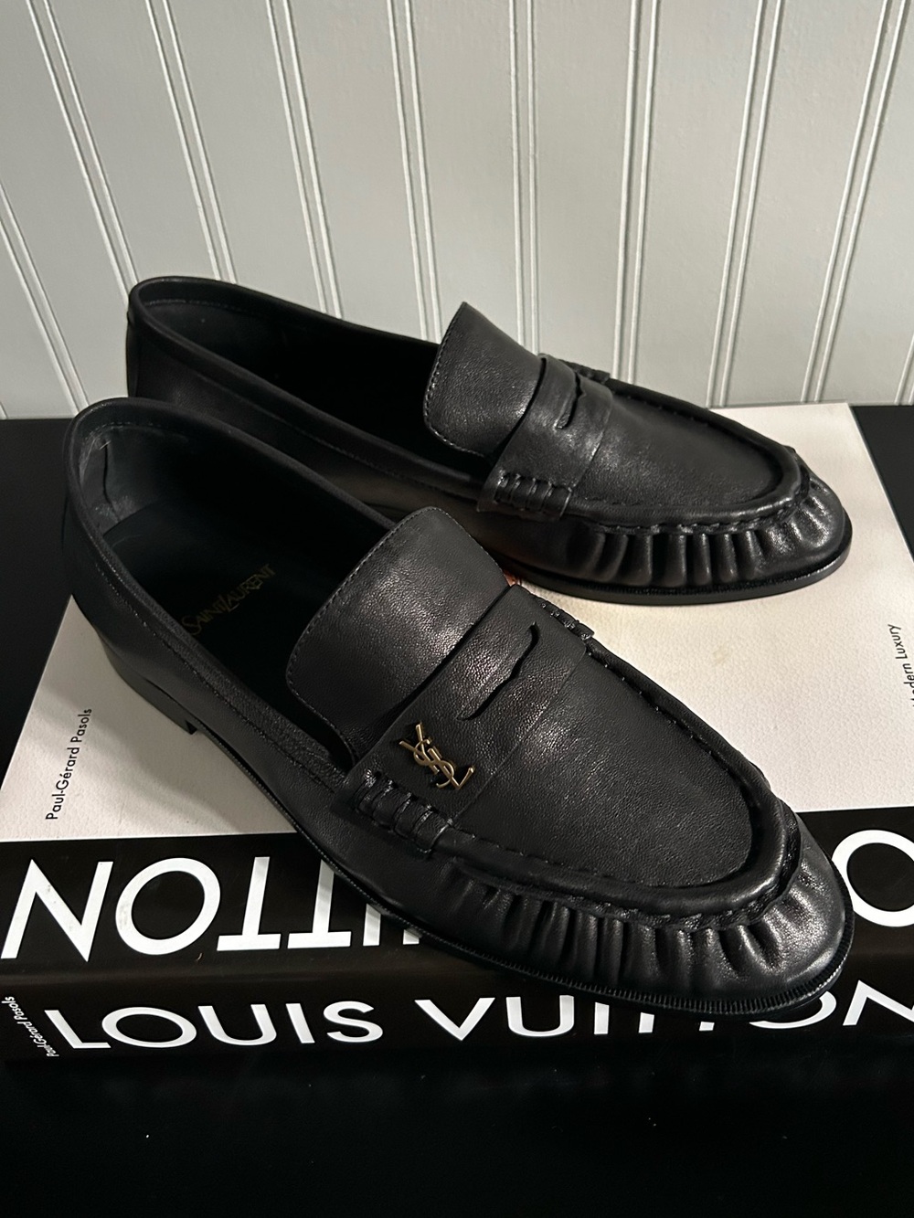 Saint Laurent Black Leather Penny Loafers with Gold Accent